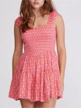 Free People Sweet Annie Orange Pink Smocked Sleeveless Mini Dress Size S Cotton